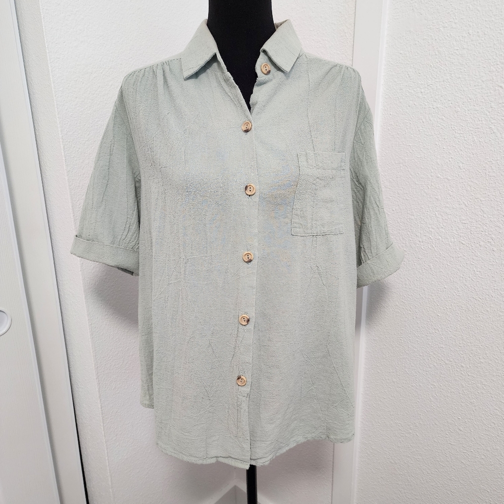 Vintage Vicki Wayne Sage Green Oversized Grunge Cotton Button Front Top